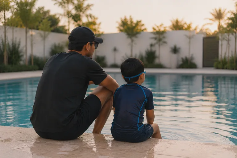 A coach and child sitting quietly together at the pool edge