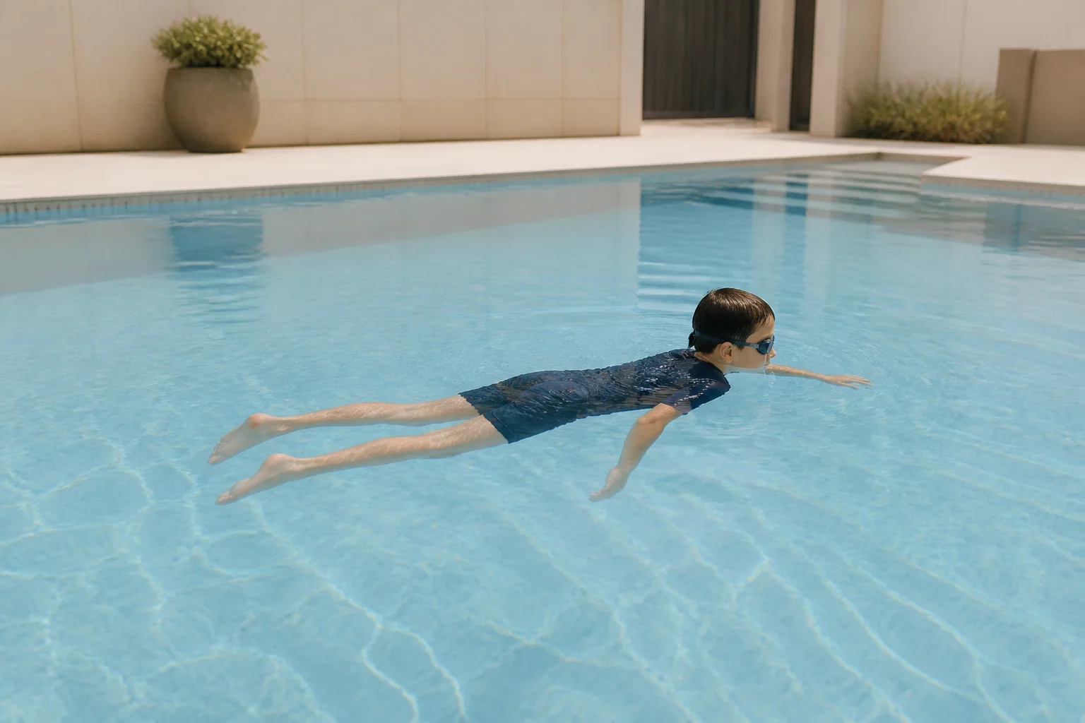 A child gliding calmly through a residential pool