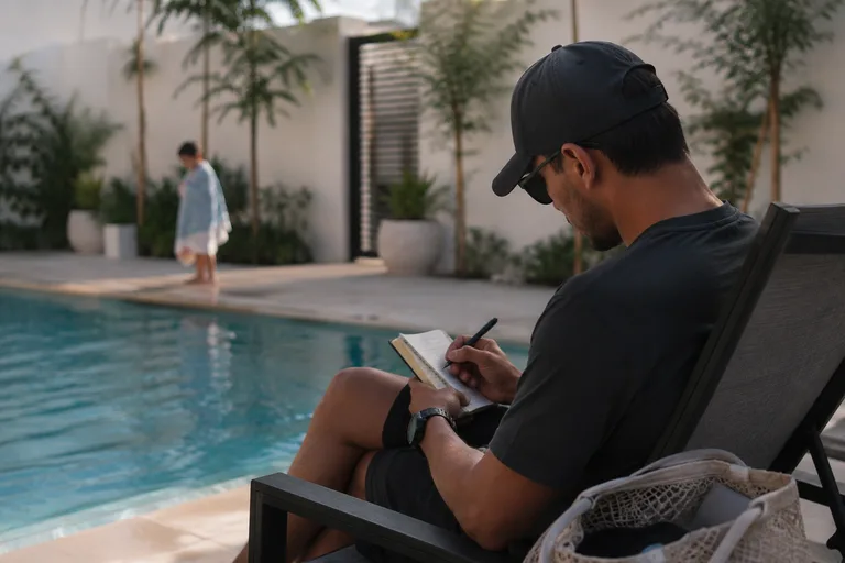 A coach making notes after watching a child by the pool